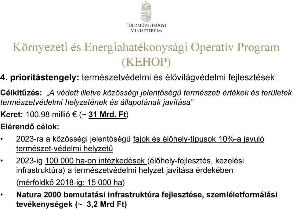 helyzetének és állapotának javítása Keret: 100,98 millió (~ 31 Mrd.