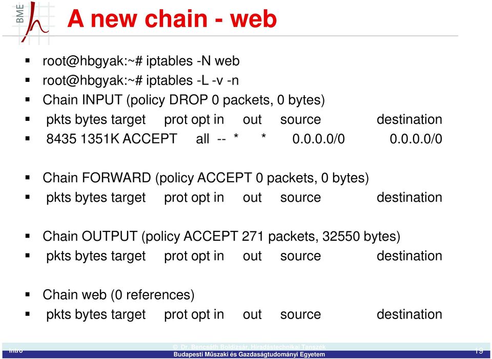 0.0.0/0 0.0.0.0/0 Chain FORWARD (policy ACCEPT 0 packets, 0 bytes) pkts bytes target prot opt in out source destination Chain