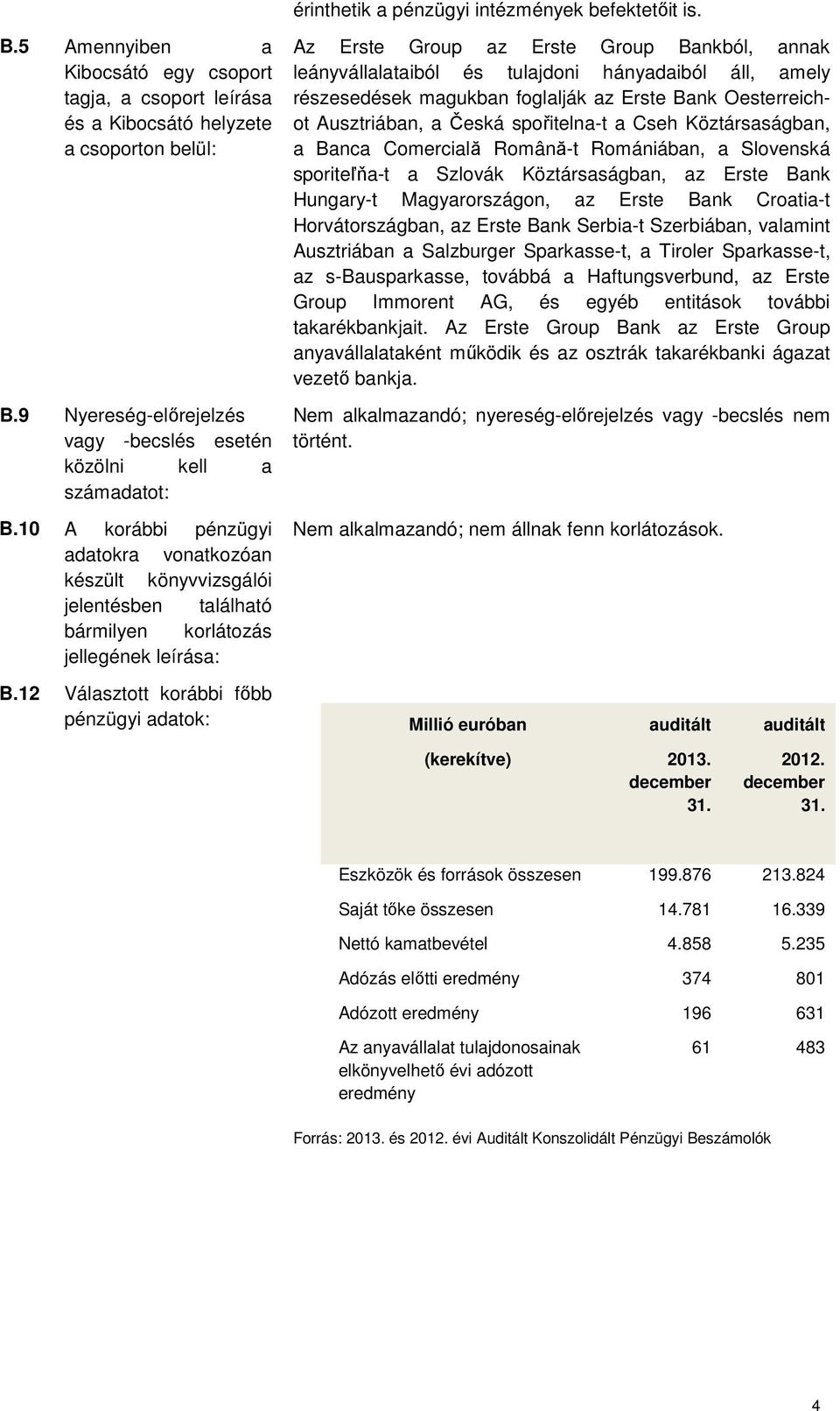 10 A korábbi pénzügyi adatokra vonatkozóan készült könyvvizsgálói jelentésben található bármilyen korlátozás jellegének leírása: B.