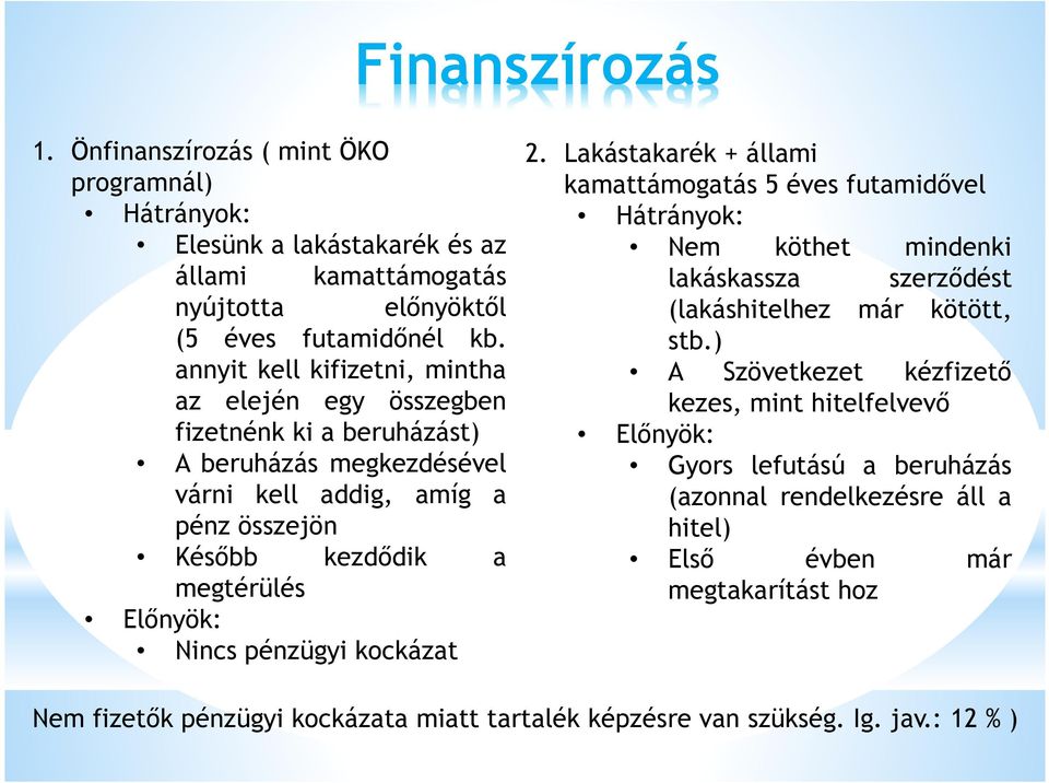 Nincs pénzügyi kockázat 2. Lakástakarék + állami kamattámogatás 5 éves futamidővel Hátrányok: Nem köthet mindenki lakáskassza szerződést (lakáshitelhez már kötött, stb.