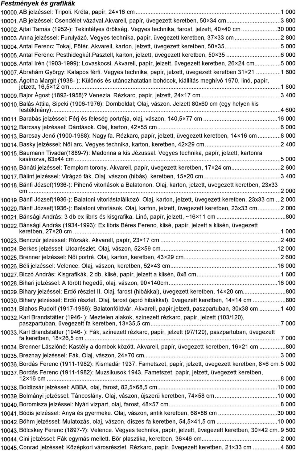 Antal Ferenc: Tokaj, Főtér. Akvarell, karton, jelzett, üvegezett keretben, 50 35...5 000 10005.Antal Ferenc: Pesthidegkút.Pasztell, karton, jelzett, üvegezett keretben, 50 35...6 000 10006.