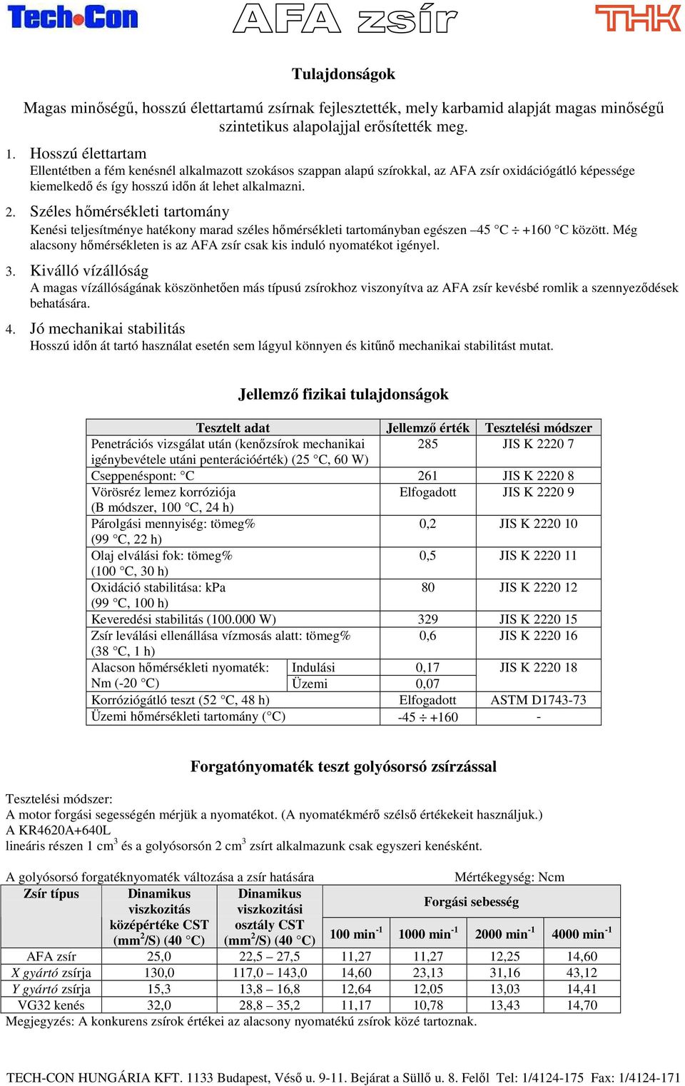 Széles hımérsékleti tartomány Kenési teljesítménye hatékony marad széles hımérsékleti tartományban egészen 45 C +160 C között.