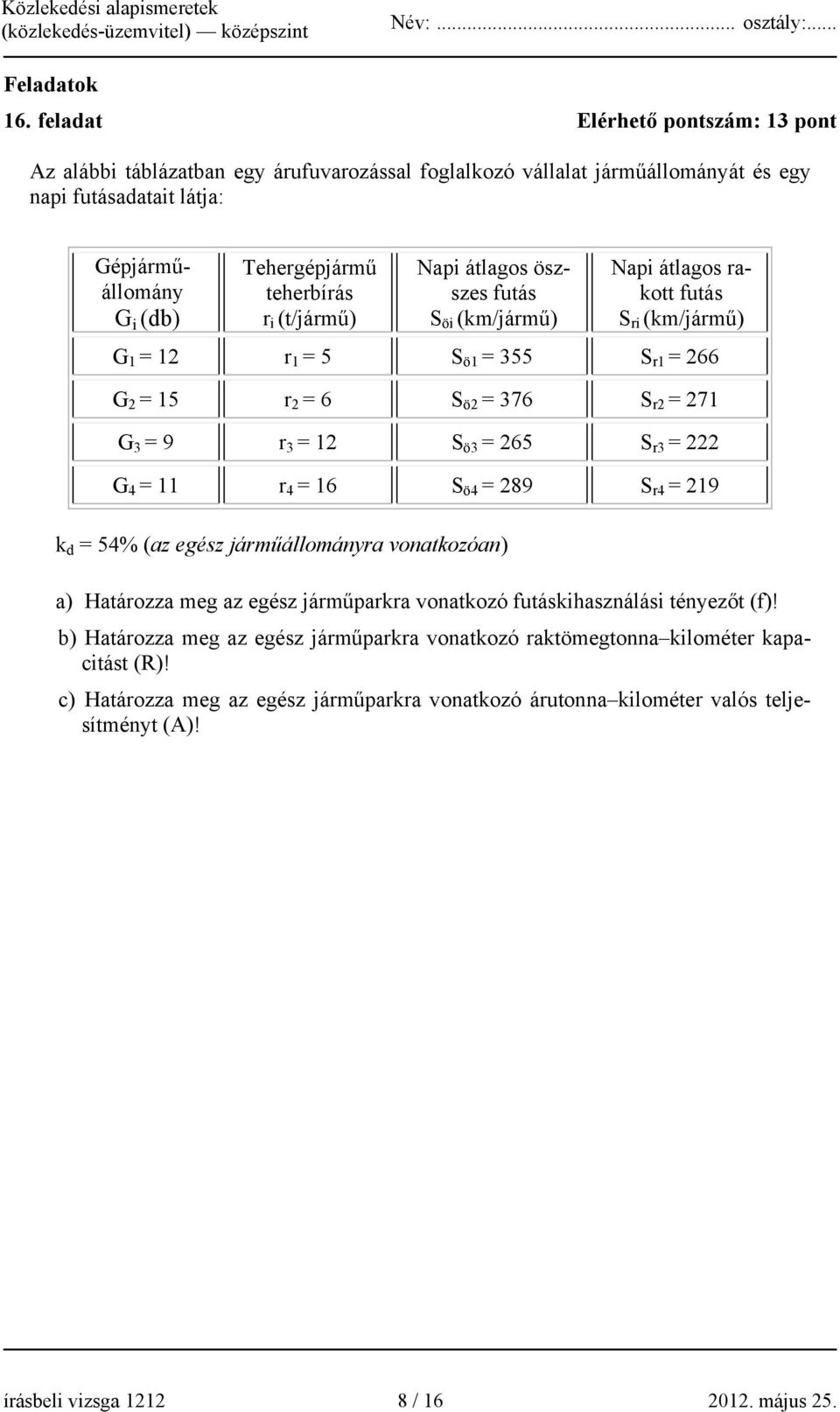 (t/jármű) Napi átlagos öszszes futás S öi (km/jármű) Napi átlagos rakott futás S ri (km/jármű) G 1 = 12 r 1 = 5 S ö1 = 355 S r1 = 266 G 2 = 15 r 2 = 6 S ö2 = 376 S r2 = 271 G 3 = 9 r 3 = 12 S ö3 =