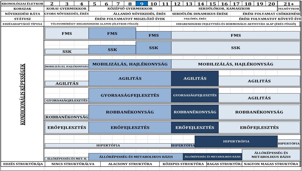 ALAPON (ÉLETKOR FÜGGŐ) IDEGRENDSZERI FEJLETTSÉG ÉS HORMONÁLIS AKTIVITÁSI ALAP (ÉRÉS FÜGGŐ) FMS FMS FMS FMS SSK SSK SSK SSK KONDICIONÁLIS KÉPESSÉGEK MOBILIZÁLÁS, HAJLÉKONYSÁG AGILITÁS