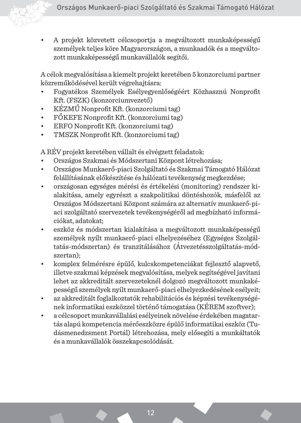 A célok megvalósítása a kiemelt projekt keretében 5 konzorciumi partner közreműködésével került végrehajtásra: Fogyatékos Személyek Esélyegyenlőségéért Közhasznú Nonprofit Kft.