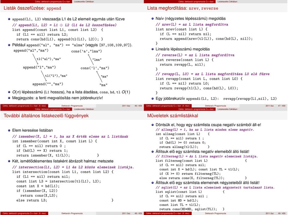 append("al","ma") cons( a,"lma") tl("al"),"ma" append("l","ma") tl("l"),"ma" append("","ma") "lma" cons( l,"ma") "ma" "ma" O(n) lépésszámú (L1 hossza), ha a lista átadása, cons, hd, tl O(1)
