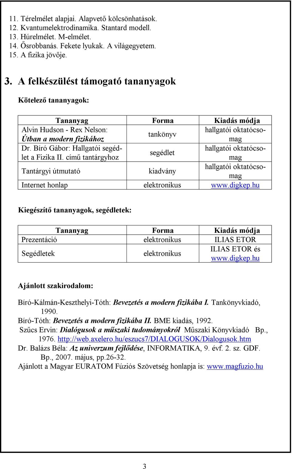 Bíró Gábor: Hallgatói segédlet a Fizika II. című tantárgyhoz mag hallgatói oktatócso- segédlet Tantárgyi útmutató kiadvány hallgatói oktatócsomag Internet honlap elektronikus www.digkep.