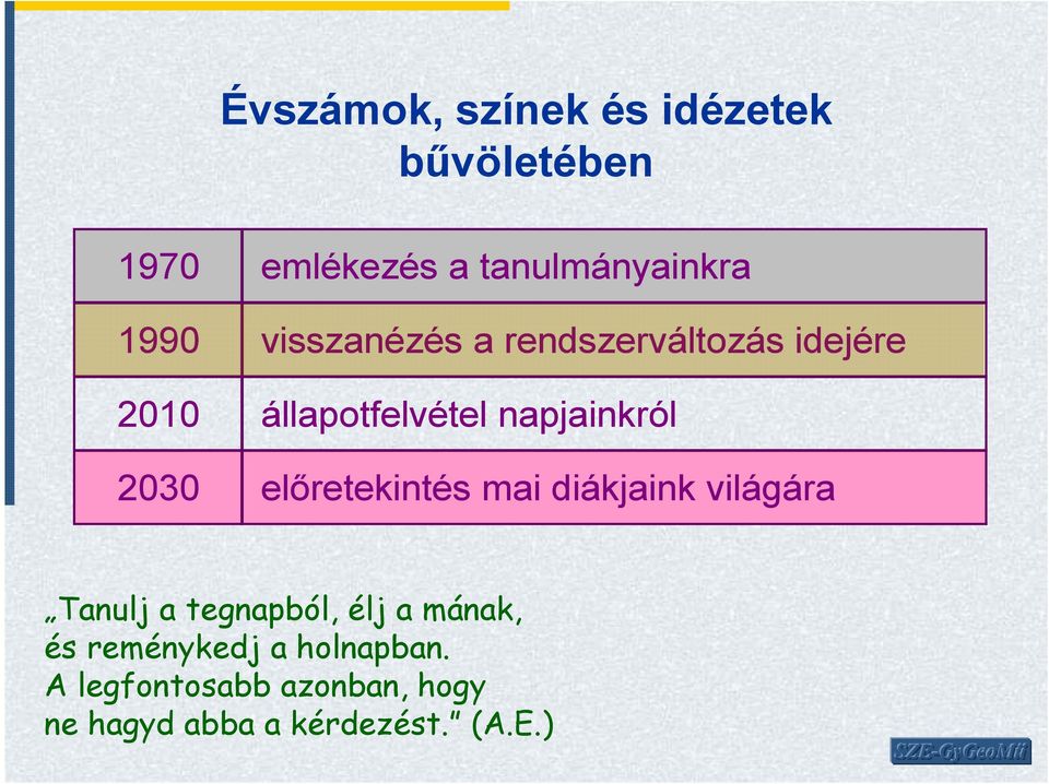 elıretekintés mai diákjaink világára Tanulj a tegnapból, élj a mának, és