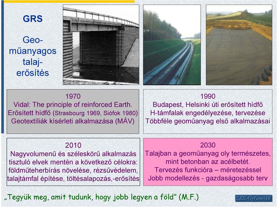 tervezése Többféle geomőanyag elsı alkalmazásai 2010 Nagyvolumenő és széleskörő alkalmazás tisztuló elvek mentén a következı célokra: földmőteherbírás növelése,