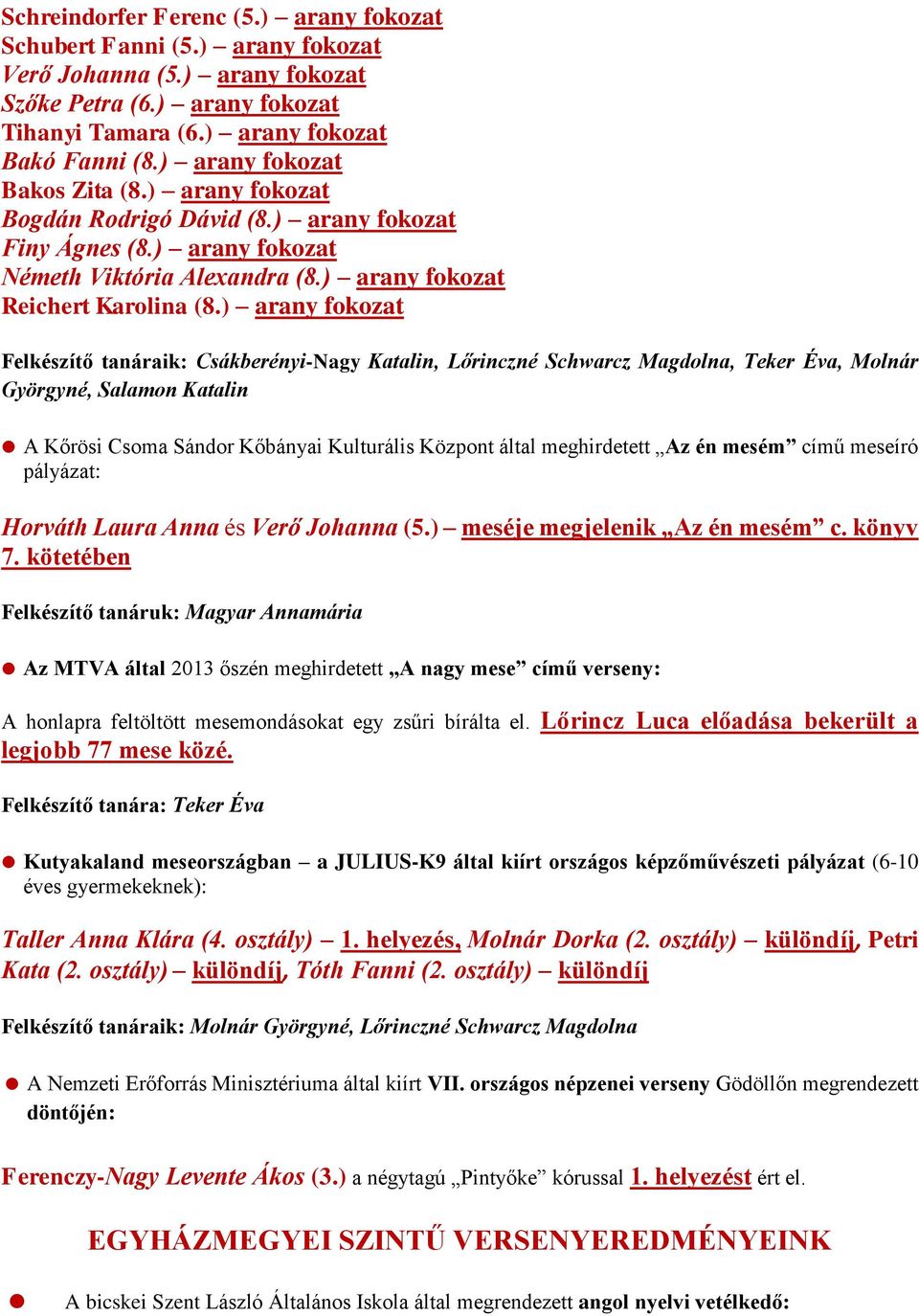 ) arany fokozat Felkészítő tanáraik: Csákberényi-Nagy Katalin, Lőrinczné Schwarcz Magdolna, Teker Éva, Molnár Györgyné, Salamon Katalin A Kőrösi Csoma Sándor Kőbányai Kulturális Központ által