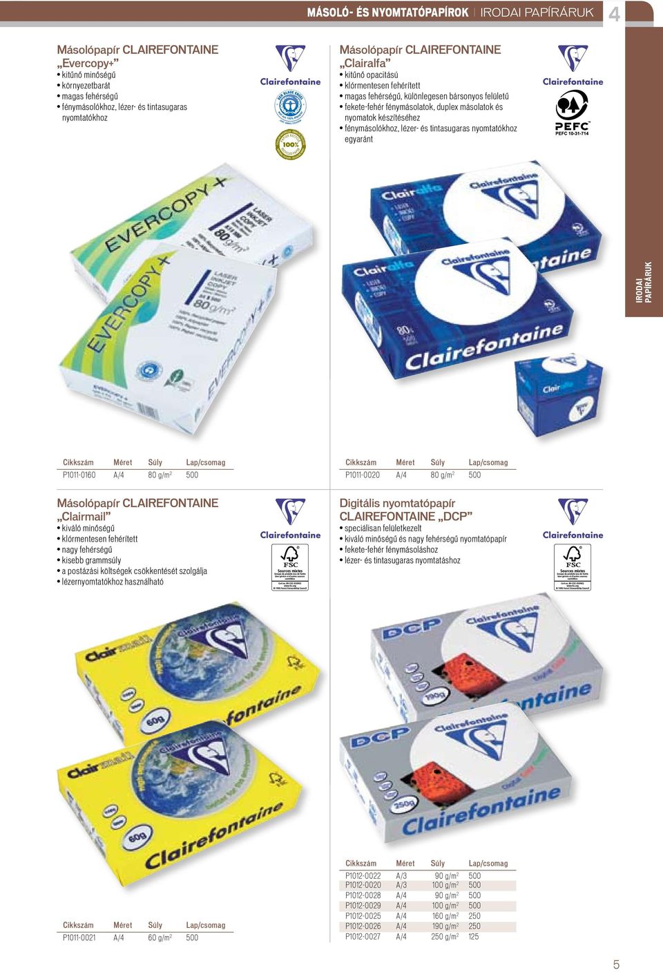 fénymásolókhoz, lézer- és tintasugaras nyomtatókhoz egyaránt IrodaI papíráruk Cikkszám Méret Súly Lap/csomag 11-0160 A/ 80 g/m 2 500 Cikkszám Méret Súly Lap/csomag 11-0020 A/ 80 g/m 2 500 Másolópapír