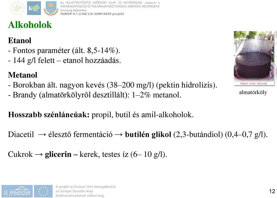 - Brandy (almatörkölyről desztillált): 1 2% metanol.