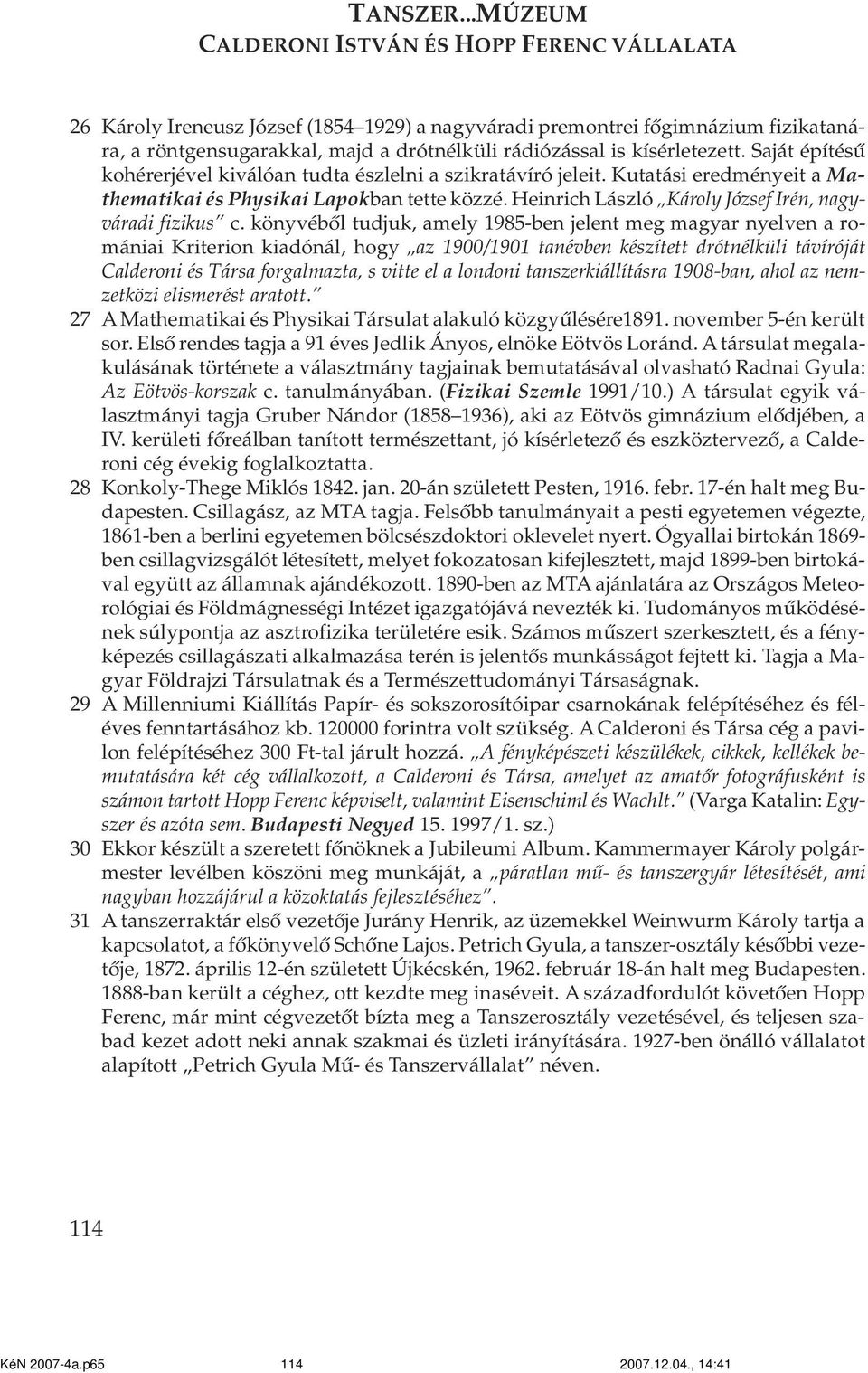 Heinrich László Károly József Irén, nagyváradi fizikus c.
