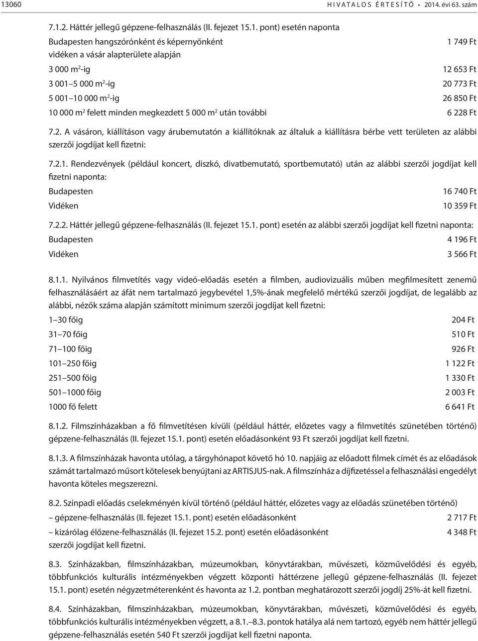 2.1. Rendezvények (például koncert, diszkó, divatbemutató, sportbemutató) után az alábbi szerzői jogdíjat kell fizetni naponta: Budapesten Vidéken 16 740 Ft 10 359 Ft 7.2.2. Háttér jellegű gépzene-felhasználás (II.