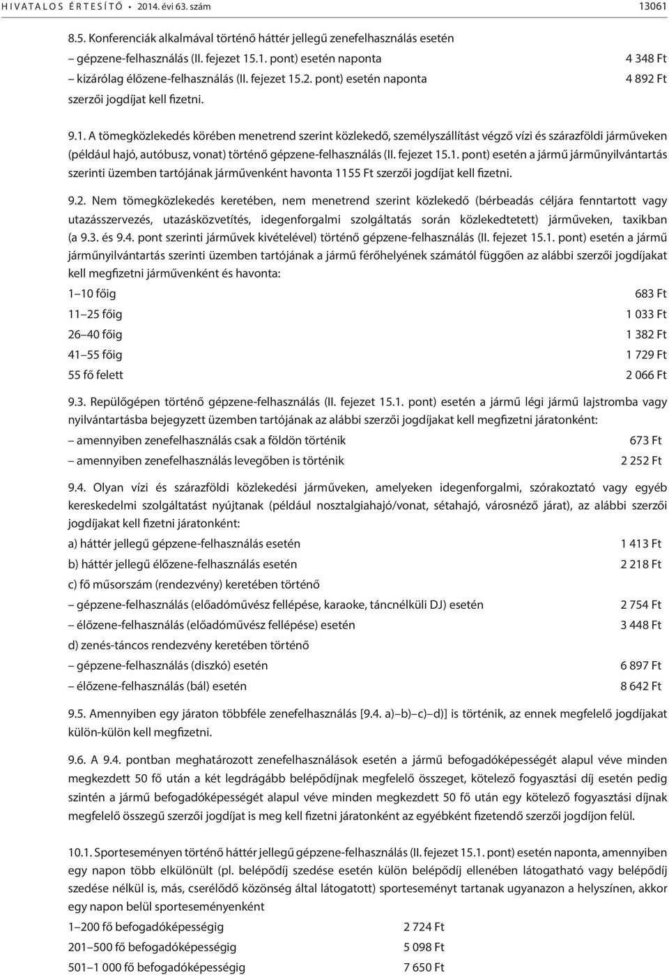 fejezet 15.1. pont) esetén a jármű járműnyilvántartás szerinti üzemben tartójának járművenként havonta 1155 Ft szerzői jogdíjat kell fizetni. 9.2.