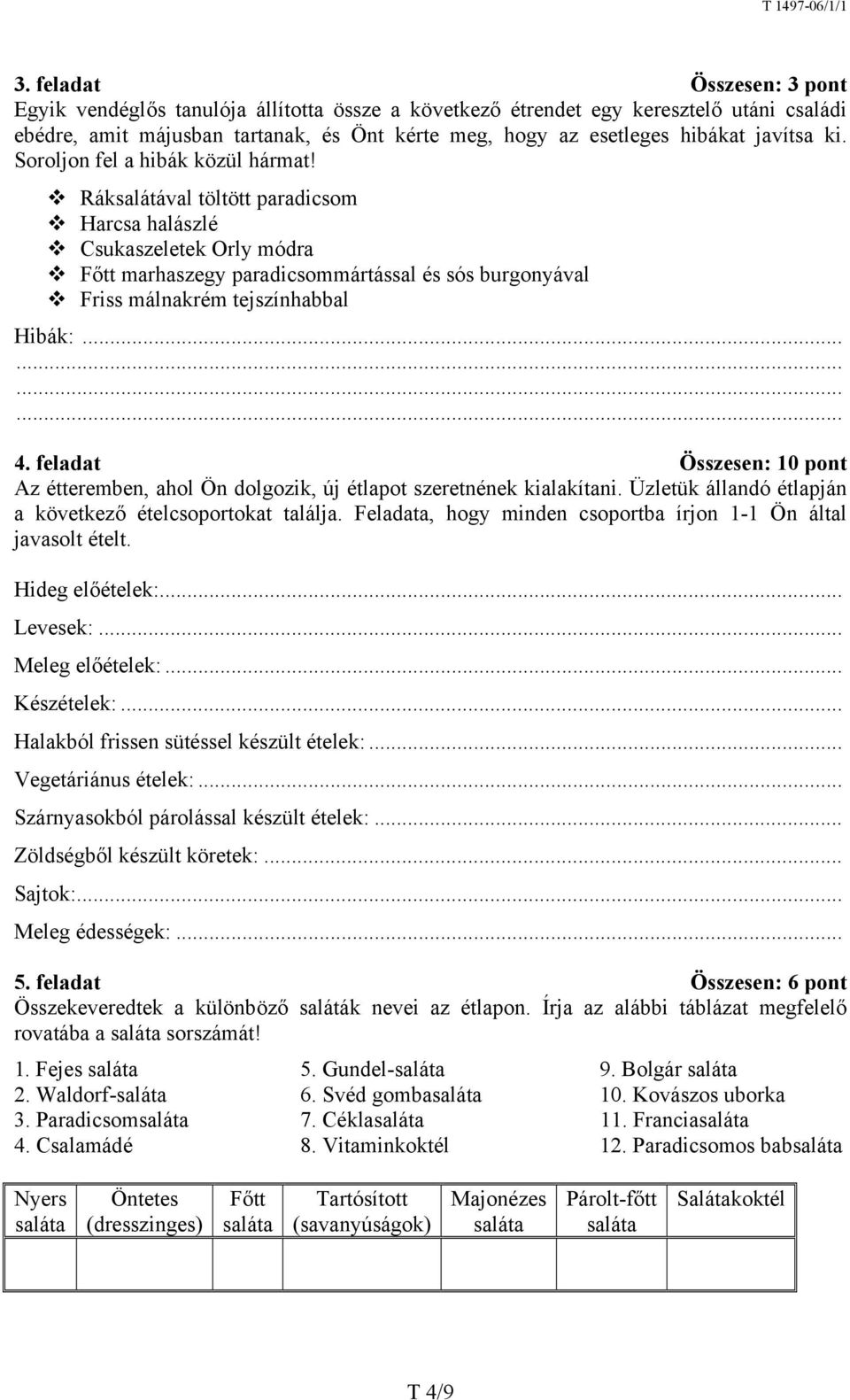 Ráksalátával töltött paradicsom Harcsa halászlé Csukaszeletek Orly módra Főtt marhaszegy paradicsommártással és sós burgonyával Friss málnakrém tejszínhabbal Hibák:... 4.