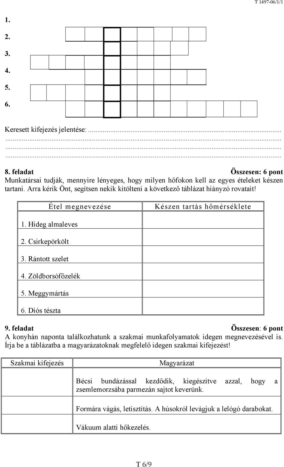 Meggymártás 6. Diós tészta 9. feladat Összesen: 6 pont A konyhán naponta találkozhatunk a szakmai munkafolyamatok idegen megnevezésével is.