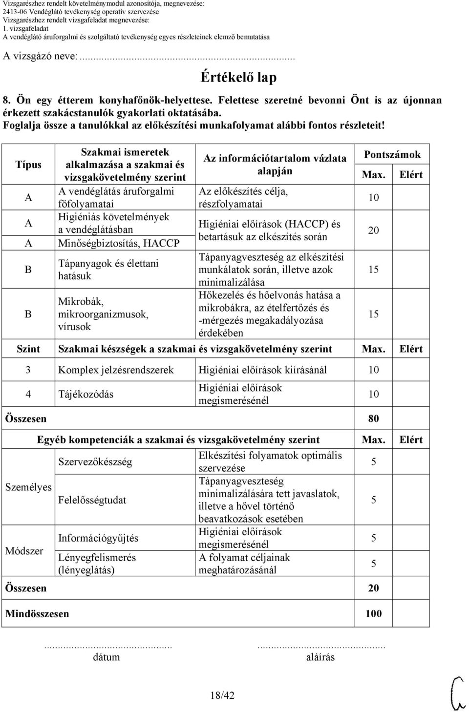 Típus Szakmai ismeretek alkalmazása a szakmai és vizsgakövetelmény szerint vendéglátás áruforgalmi főfolyamatai Higiéniás követelmények a vendéglátásban Minőségbiztosítás, HCCP Tápanyagok és élettani