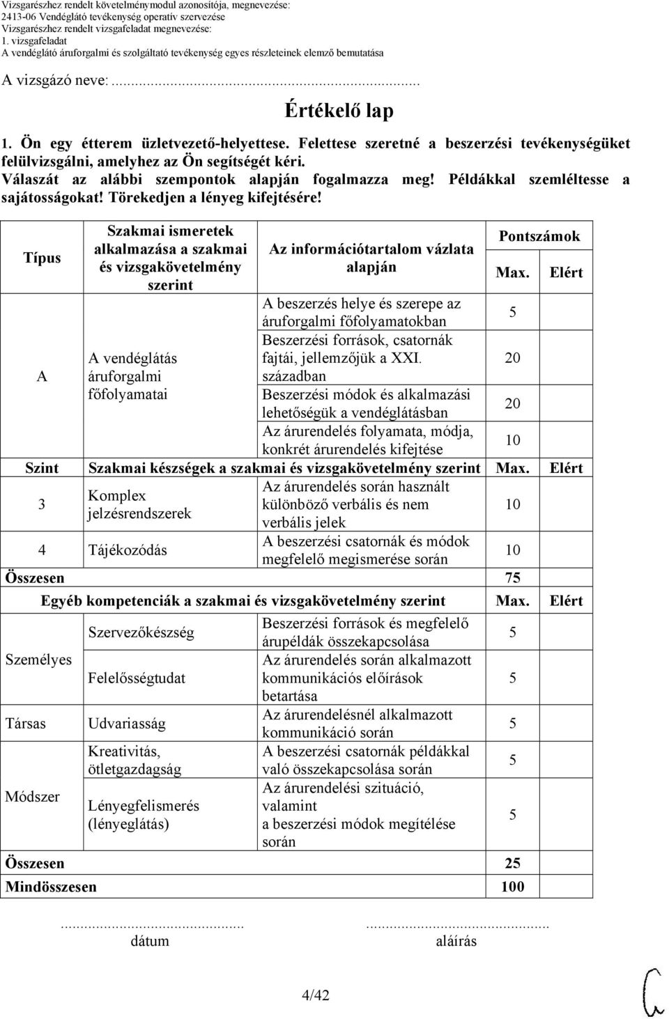 Típus Szakmai ismeretek alkalmazása a szakmai és vizsgakövetelmény szerint z információtartalom vázlata alapján Pontszámok Max.