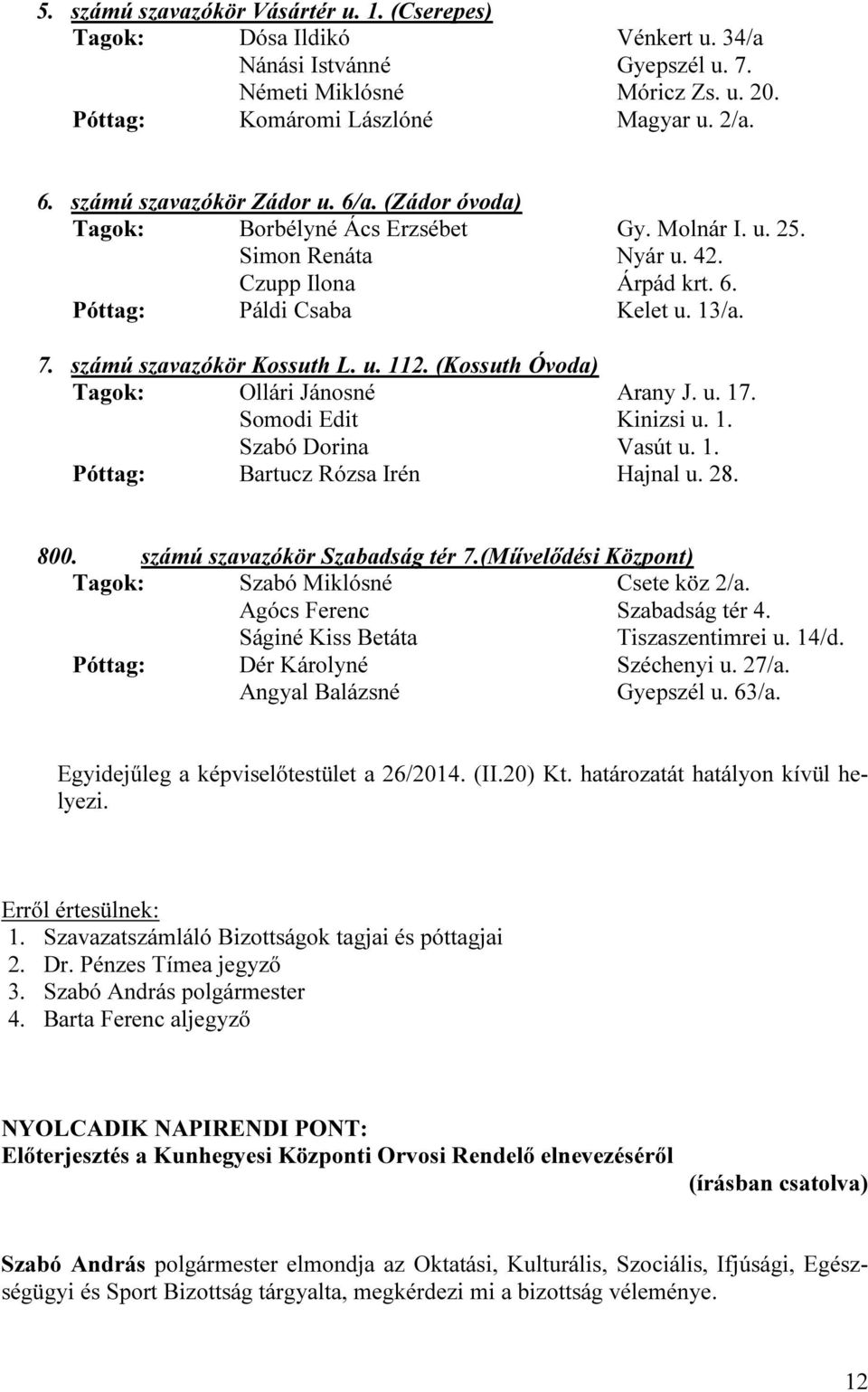 számú szavazókör Kossuth L. u. 112. (Kossuth Óvoda) Tagok: Ollári Jánosné Arany J. u. 17. Somodi Edit Kinizsi u. 1. Szabó Dorina Vasút u. 1. Póttag: Bartucz Rózsa Irén Hajnal u. 28. 800.