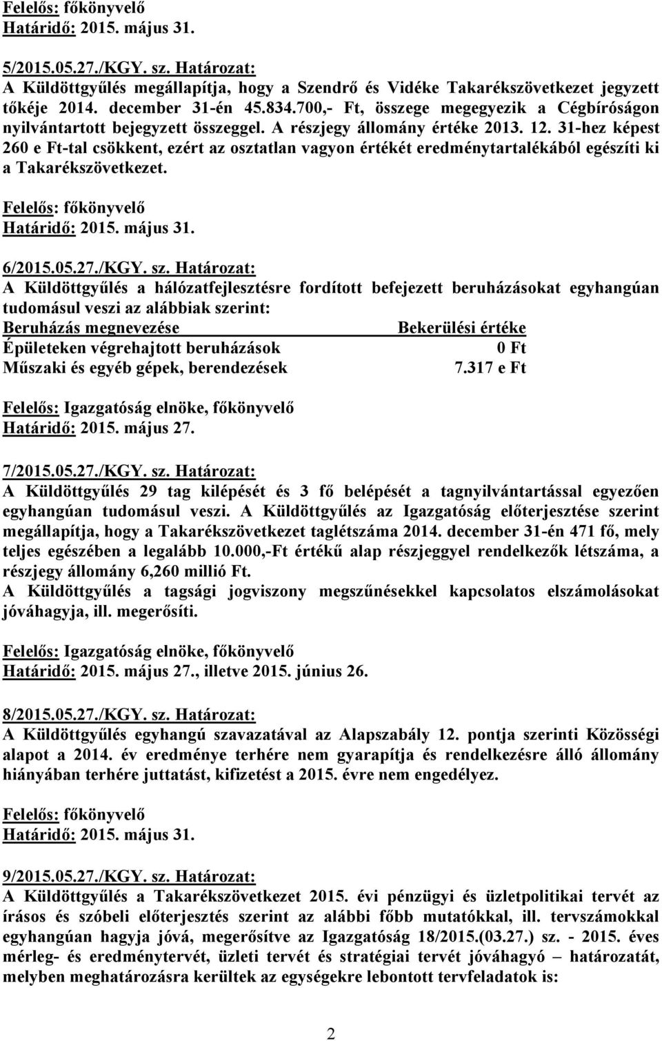 31-hez képest 260 e Ft-tal csökkent, ezért az osztatlan vagyon értékét eredménytartalékából egészíti ki a Takarékszövetkezet. Felelős: főkönyvelő 6/2015.05.27./KGY. sz.