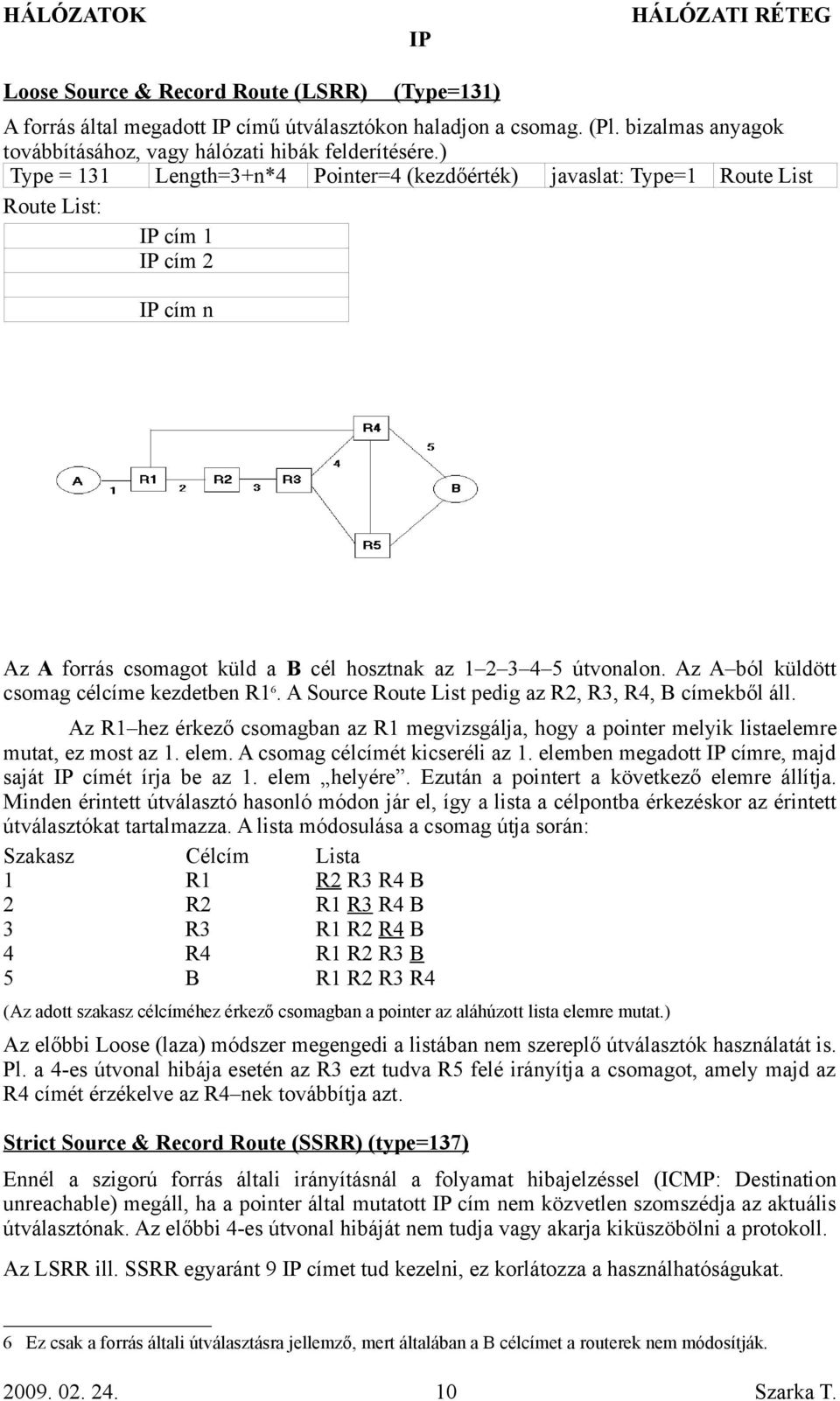 Az A ból küldött csomag célcíme kezdetben R1 6. A Source Route List pedig az R2, R3, R4, B címekből áll.