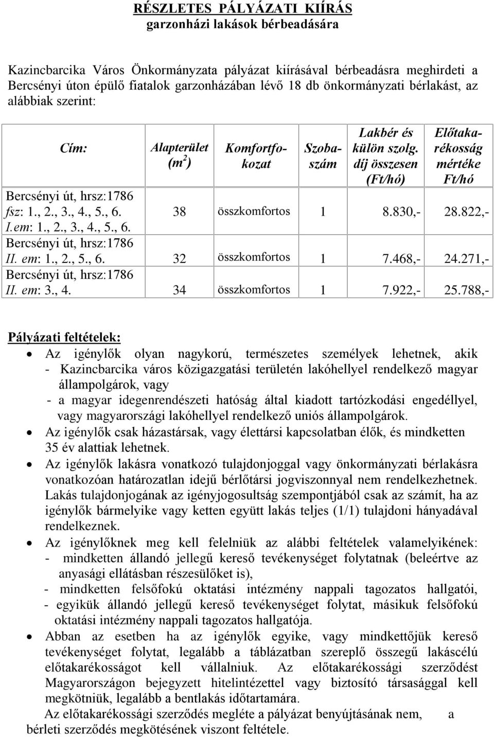 díj összesen (Ft/hó) Komfortfokozat Szobaszám Elõtakarékosság mértéke Ft/hó 38 összkomfortos 1 8.830,- 28.822,- Bercsényi út, hrsz:1786 II. em: 1., 2., 5., 6. 32 összkomfortos 1 7.468,- 24.