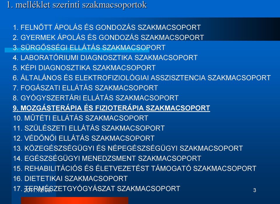 GYÓGYSZERTÁRI ELLÁTÁS SZAKMACSOPORT 9. MOZGÁSTERÁPIA ÉS FIZIOTERÁPIA SZAKMACSOPORT 10. MÛTÉTI ELLÁTÁS SZAKMACSOPORT 11. SZÜLÉSZETI ELLÁTÁS SZAKMACSOPORT 12. VÉDŐNŐI ELLÁTÁS SZAKMACSOPORT 13.