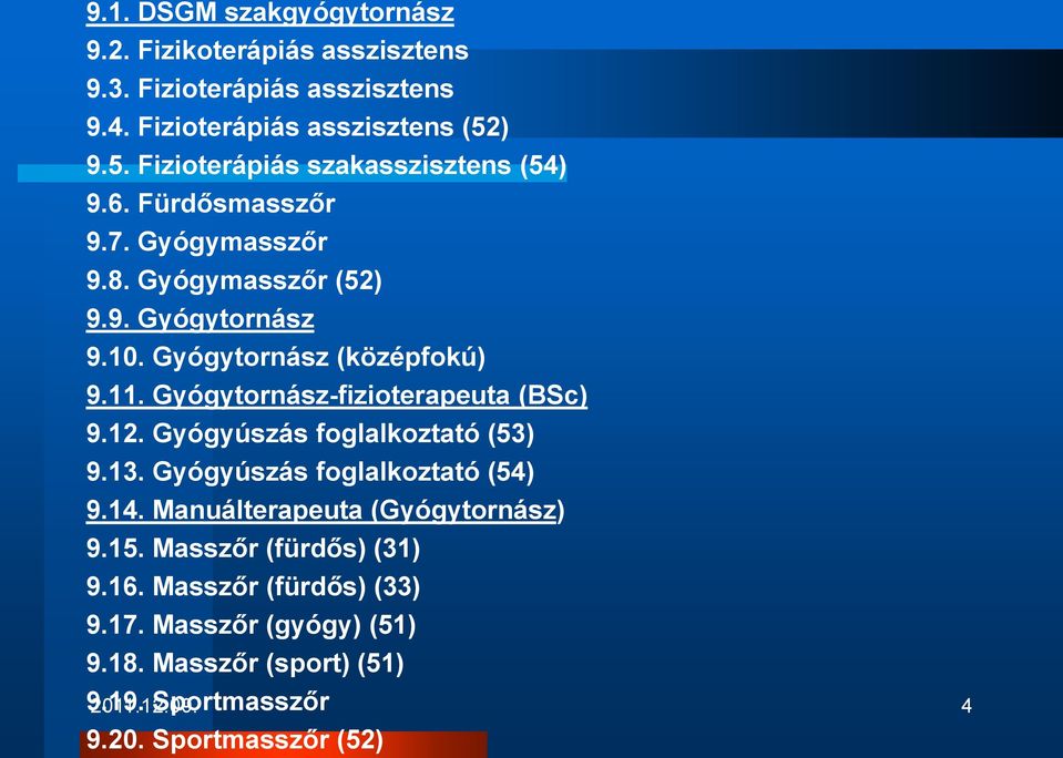 Gyógytornász (középfokú) 9.11. Gyógytornász-fizioterapeuta (BSc) 9.12. Gyógyúszás foglalkoztató (53) 9.13. Gyógyúszás foglalkoztató (54) 9.14.