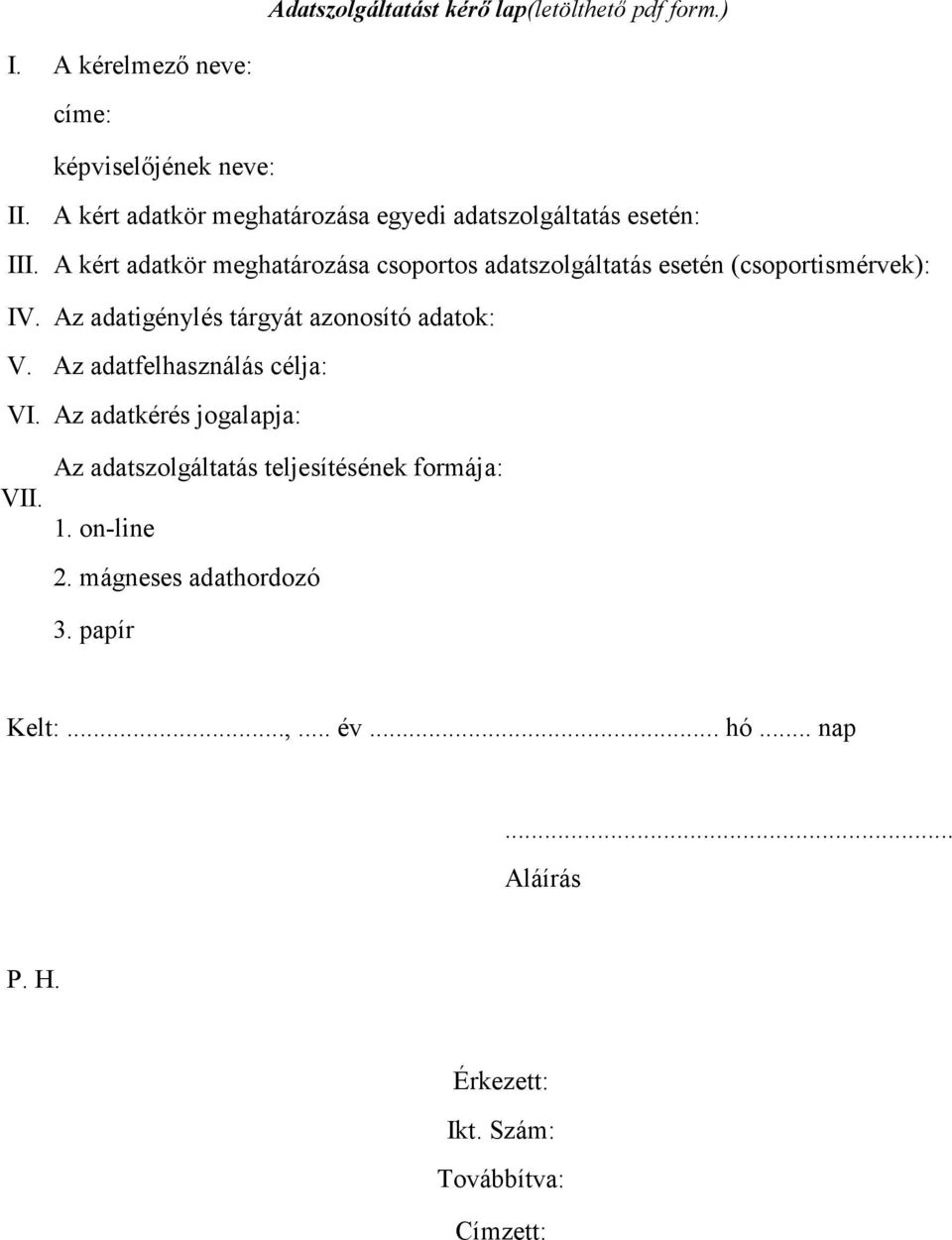 A kért adatkör meghatározása csoportos adatszolgáltatás esetén (csoportismérvek): IV. Az adatigénylés tárgyát azonosító adatok: V.