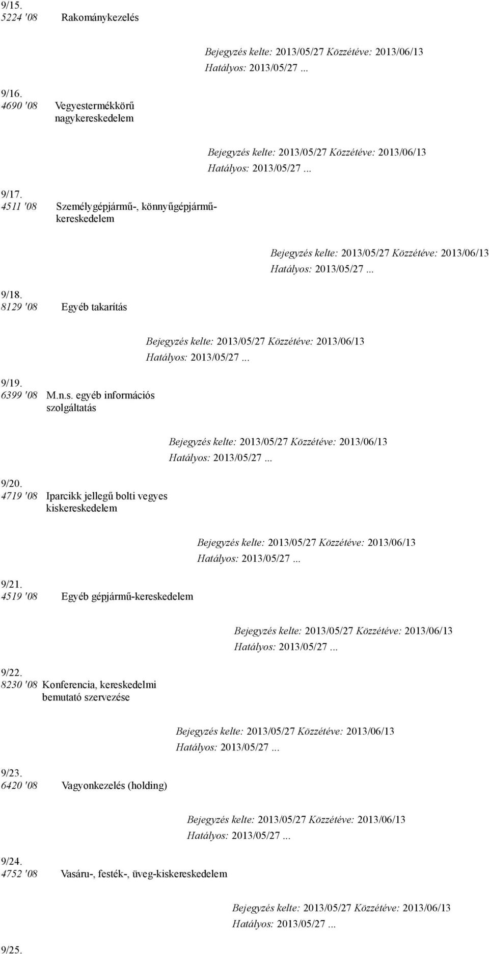 4719 '08 Iparcikk jellegű bolti vegyes kiskereskedelem 9/21. 4519 '08 Egyéb gépjármű-kereskedelem 9/22.