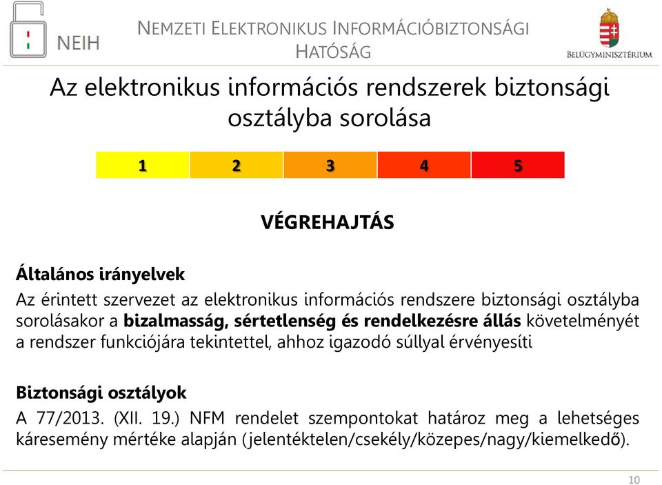 állás követelményét a rendszer funkciójára tekintettel, ahhoz igazodó súllyal érvényesíti Biztonsági osztályok A 77/2013. (XII.