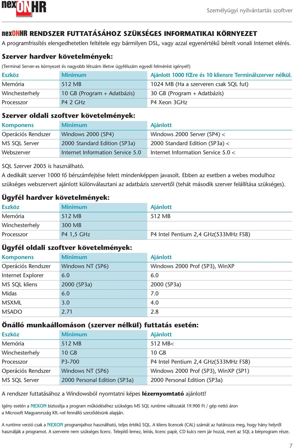 Memória 512 MB 1024 MB (Ha a szerveren csak SQL fut) Winchesterhely 10 GB (Program + Adatbázis) 30 GB (Program + Adatbázis) Processzor P4 2 GHz P4 Xeon 3GHz Szerver oldali szoftver követelmények: