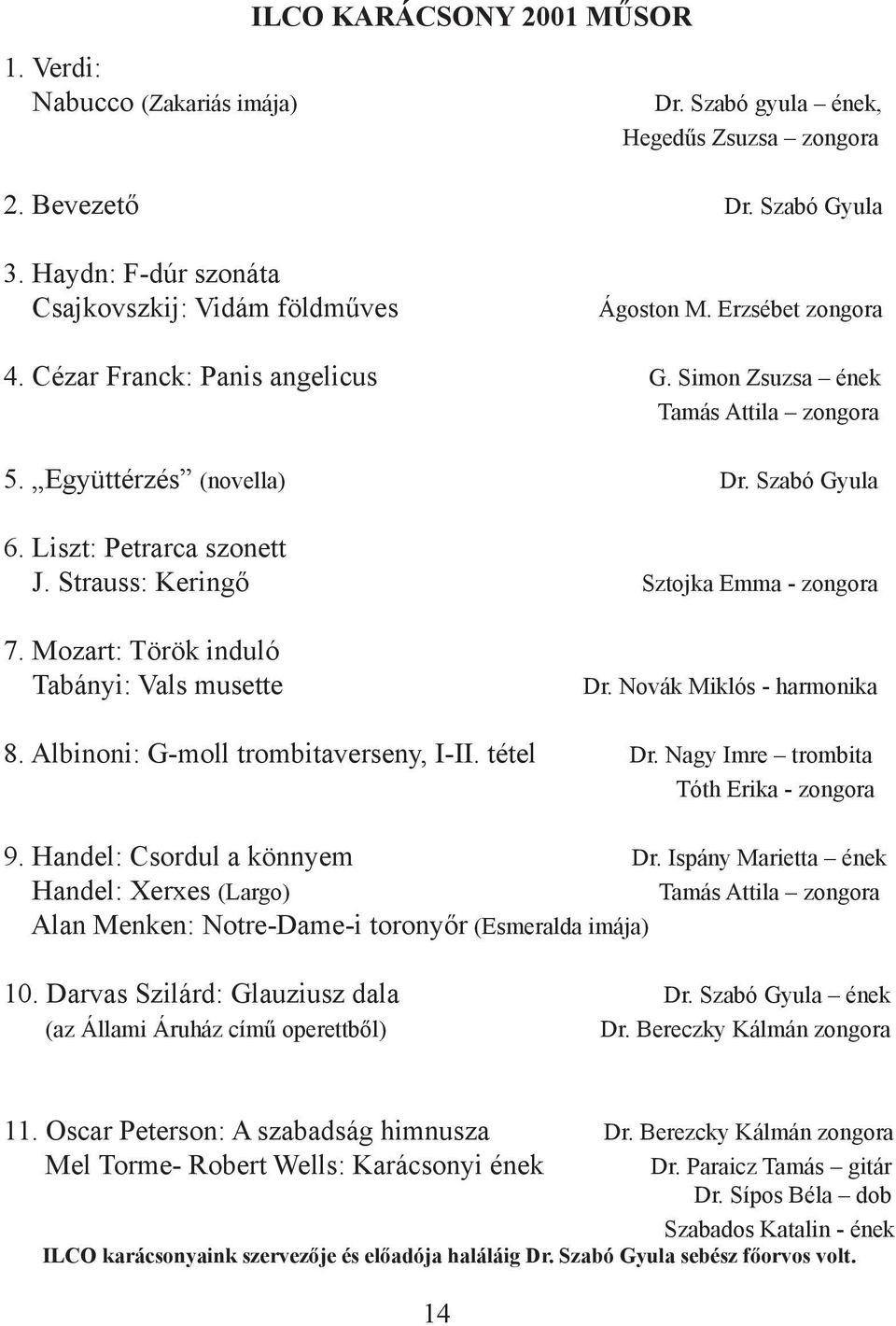 Strauss: Keringő Sztojka Emma - zongora 7. Mozart: Török induló Tabányi: Vals musette Dr. Novák Miklós - harmonika 8. Albinoni: G-moll trombitaverseny, I-II. tétel Dr.