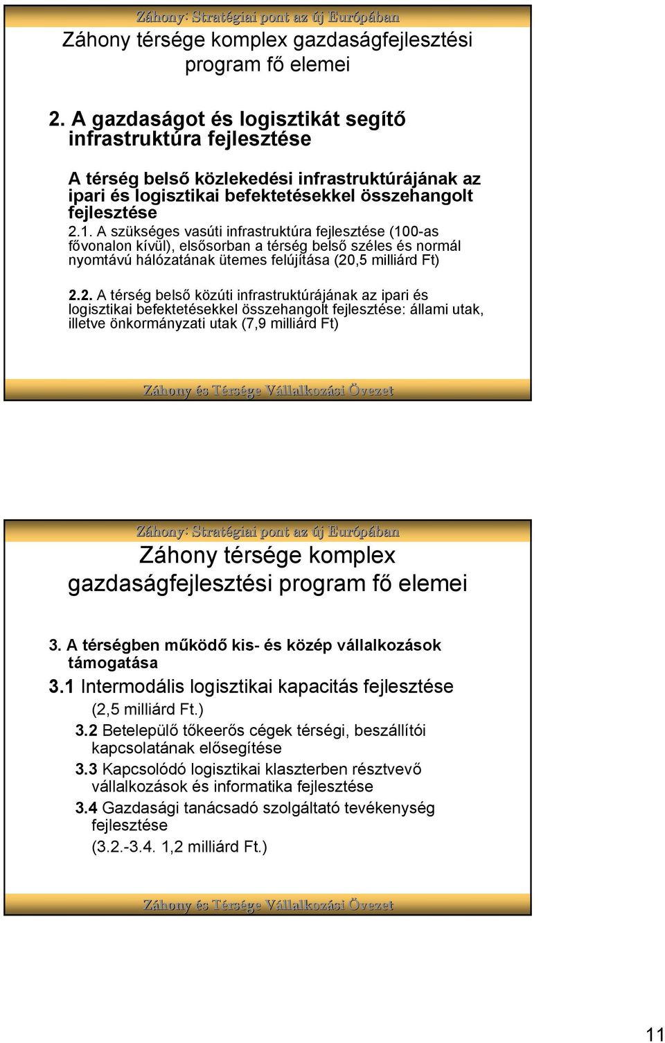 A szükséges vasúti infrastruktúra fejlesztése (100-as fővonalon kívül), elsősorban a térség belső széles és normál nyomtávú hálózatának ütemes felújítása (20