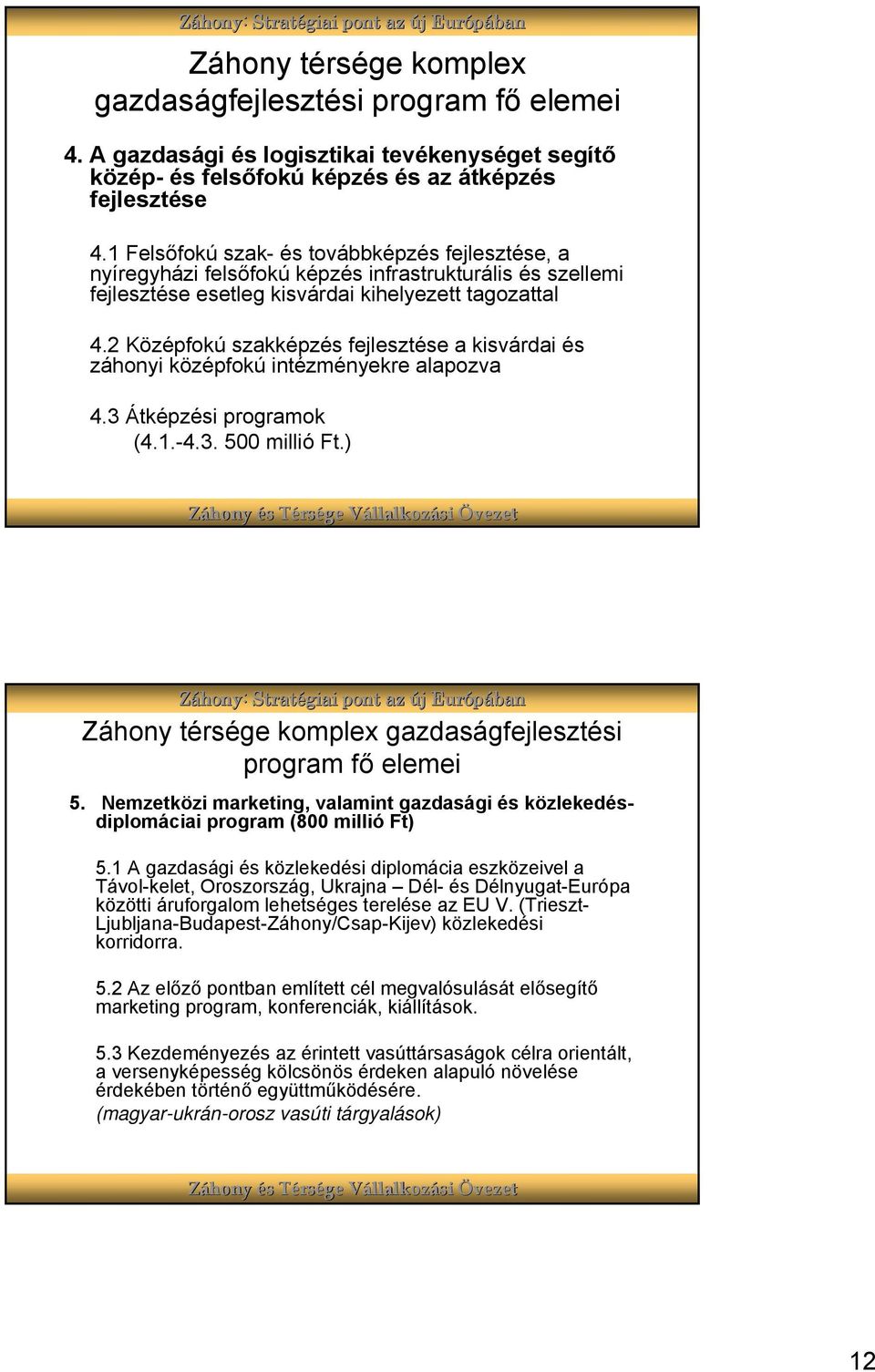 2 Középfokú szakképzés fejlesztése a kisvárdai és záhonyi középfokú intézményekre alapozva 4.3 Átképzési programok (4.1.-4.3. 500 millió Ft.