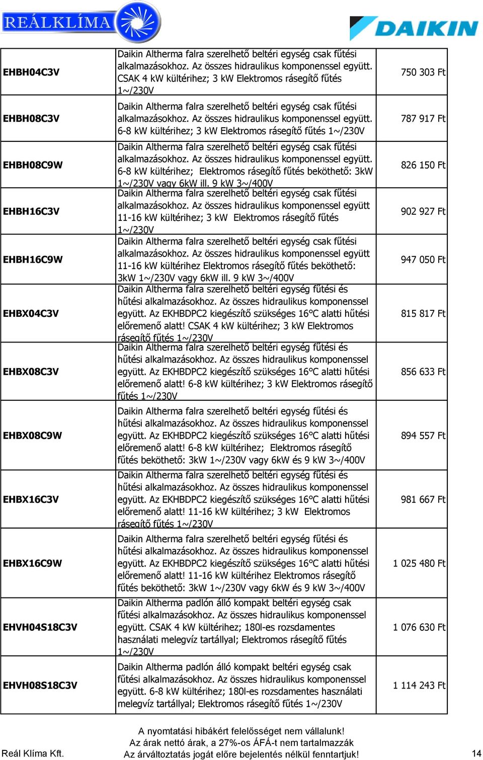 Az összes hidraulikus komponenssel együtt. 6-8 kw kültérihez; 3 kw Elektromos rásegítő fűtés 1~/230V Daikin Altherma falra szerelhető beltéri egység csak fűtési alkalmazásokhoz.