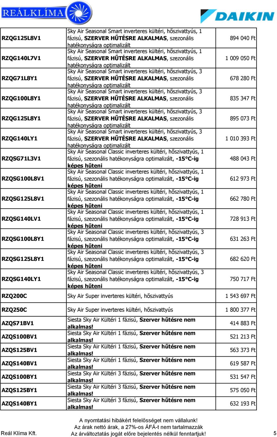 szezonális hatékonyságra optimalizált Sky Air Seasonal Smart inverteres kültéri, hőszivattyús, 3 fázisú, SZERVER HŰTÉSRE ALKALMAS, szezonális hatékonyságra optimalizált Sky Air Seasonal Smart
