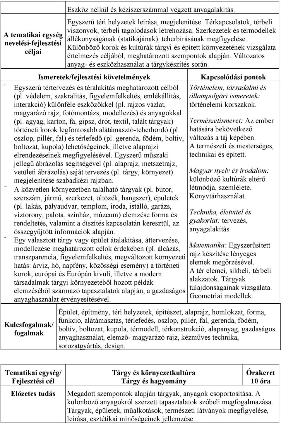 Különböző korok és kultúrák tárgyi és épített környezetének vizsgálata értelmezés céljából, meghatározott szempontok alapján. Változatos anyag- és eszközhasználat a tárgykészítés során.