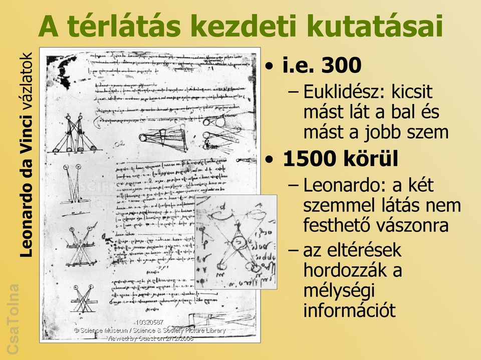 szem 1500 körül Leonardo: a két szemmel látás nem