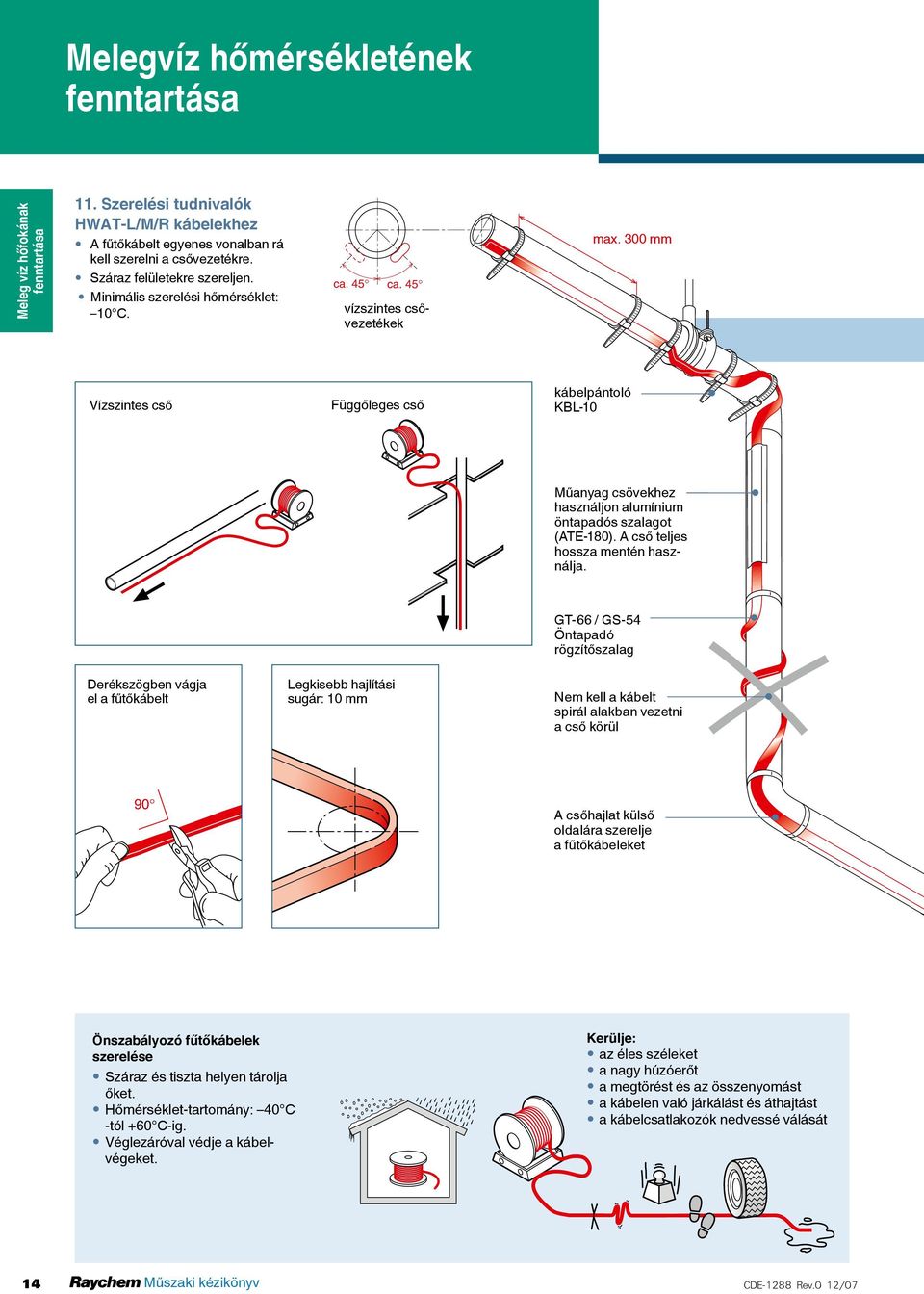 300 mm Vízszintes cső Függőleges cső kábelpántoló KBL-10 Műanyag csövekhez használjon alumínium öntapadós szalagot (ATE-180). A cső teljes hossza mentén használja.