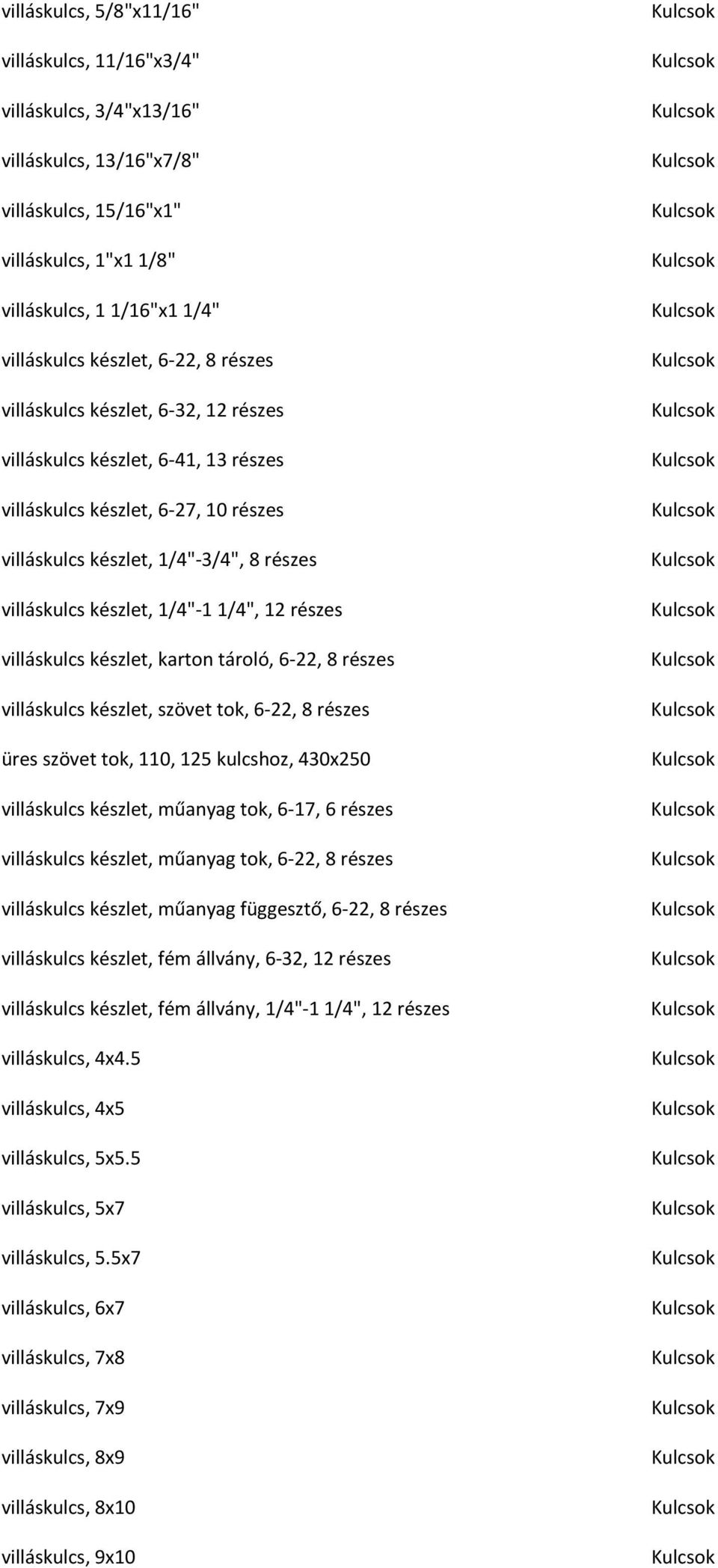 részes villáskulcs készlet, karton tároló, 6-22, 8 részes villáskulcs készlet, szövet tok, 6-22, 8 részes üres szövet tok, 110, 125 kulcshoz, 430x250 villáskulcs készlet, műanyag tok, 6-17, 6 részes