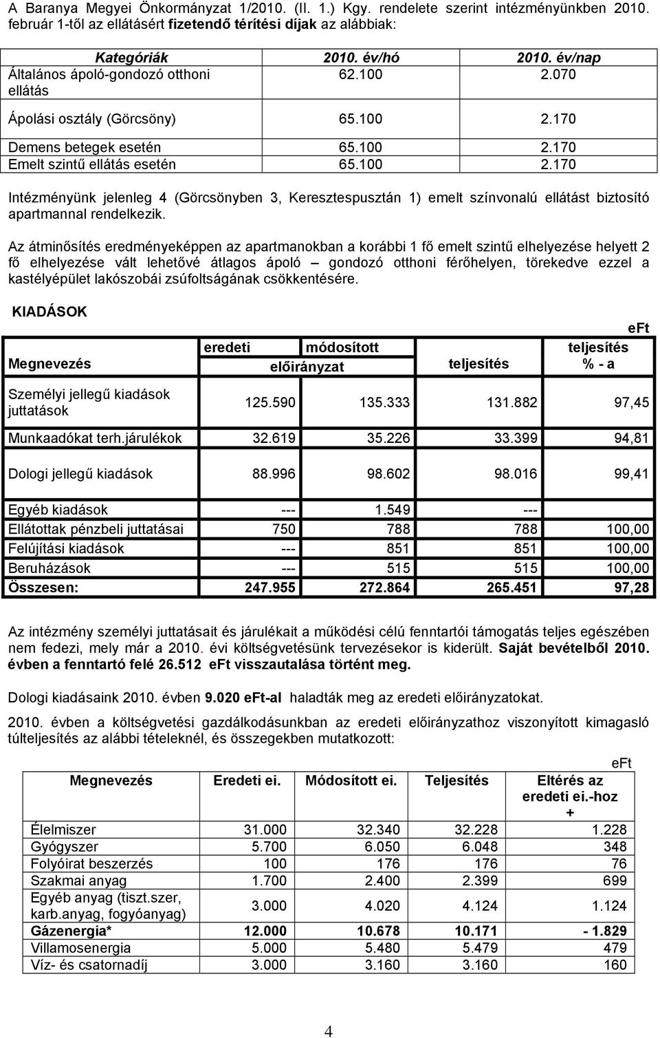 Az átminősítés eredményeképpen az apartmanokban a korábbi 1 fő emelt szintű elhelyezése helyett 2 fő elhelyezése vált lehetővé átlagos ápoló gondozó otthoni férőhelyen, törekedve ezzel a