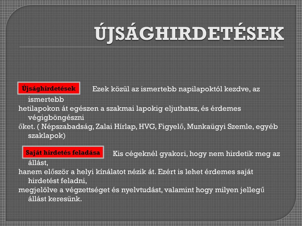 ( Népszabadság, Zalai Hírlap, HVG, Figyelő, Munkaügyi Szemle, egyéb szaklapok) Saját hirdetés feladása Kis cégeknél