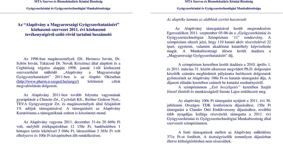 január 1-t l közhasznú szervezetként m köd Alapítvány a Magyarországi Gyógyszerkutatásért 2011-ben is az Alapító Okiratban (http://www.pharm.u-szeged.