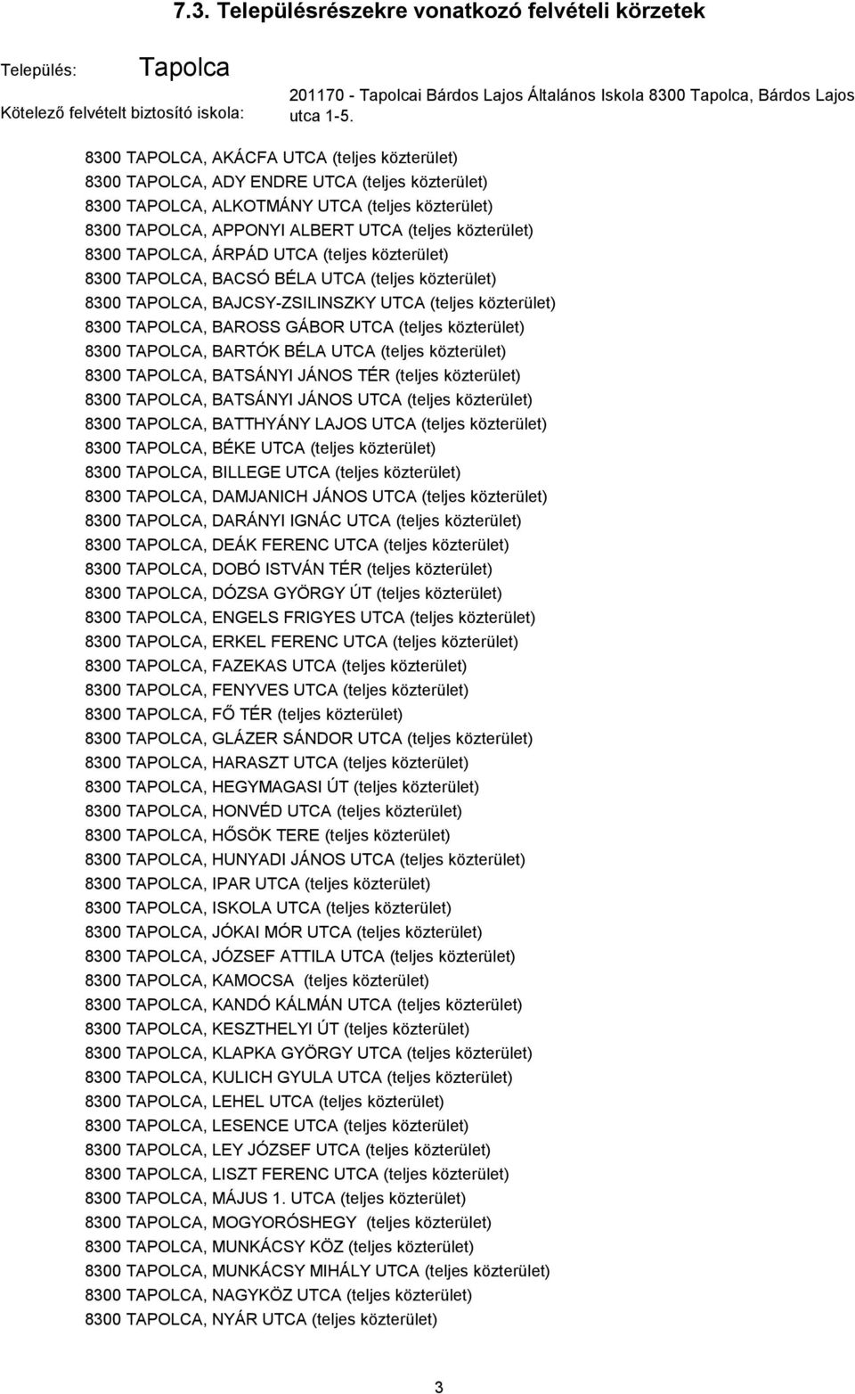 közterület) 8300 TAPOLCA, BAJCSY-ZSILINSZKY UTCA (teljes közterület) 8300 TAPOLCA, BAROSS GÁBOR UTCA (teljes közterület) 8300 TAPOLCA, BARTÓK BÉLA UTCA (teljes közterület) 8300 TAPOLCA, BATSÁNYI