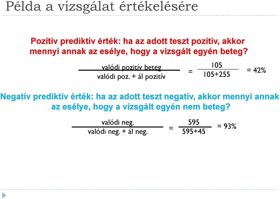 + ál pozitív = 105 105+255 = 42% Negatív prediktív érték: ha az adott teszt negatív, akkor