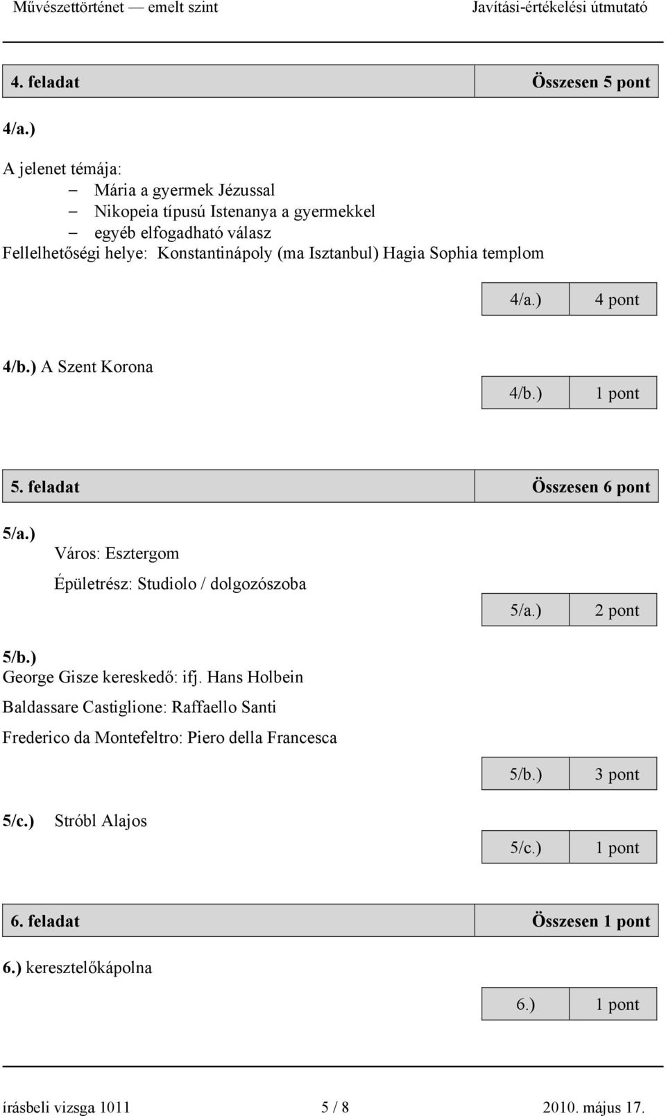 Isztanbul) Hagia Sophia templom 4/a.) 4 pont 4/b.) A Szent Korona 4/b.) 5. feladat Összesen 6 pont 5/a.