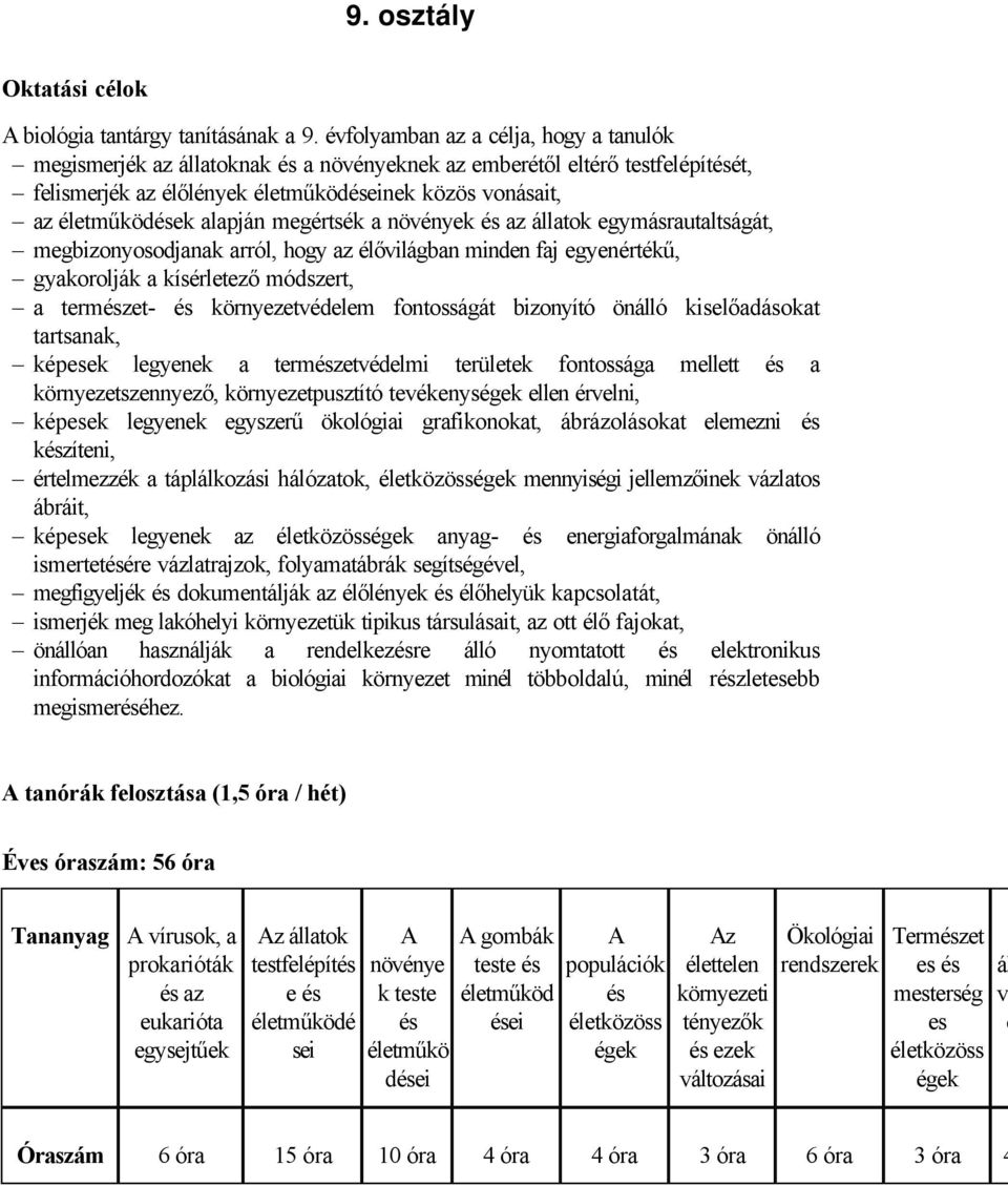 alapján megértsék a növények és az állatok egymásrautaltságát, megbizonyosodjanak arról, hogy az élővilágban minden faj egyenértékű, gyakorolják a kísérletező módszert, a természet- és