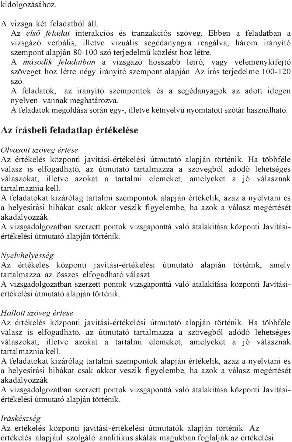 A a vizsgázó hosszabb leíró, vagy véleménykifejtő szöveget hoz létre négy irányító szempont alapján. Az írás terjedelme 100-120 szó.